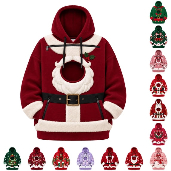 Christmas Pet Pouch Hoodies Cute Oversized Kitten Puppy Carrier Hood with Big Pocket Womens Mens Christmas Clothing