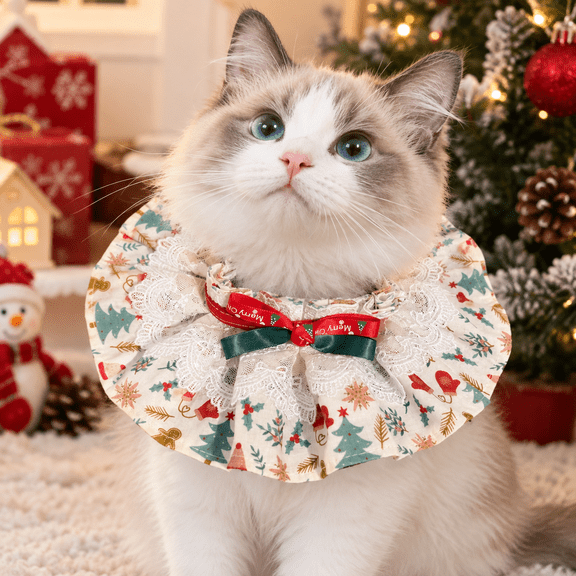 Christmas Pet Ruffle Collar, Lace Trim Double Bow Holiday Neckwear for Cats and Dogs, Festive Christmas Pet Accessory, L
