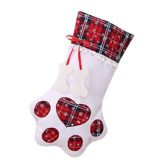 Christmas Pet Stocking Socks Dog Cat Paw Plaid Xmas Tree Hanging Ornament Gift