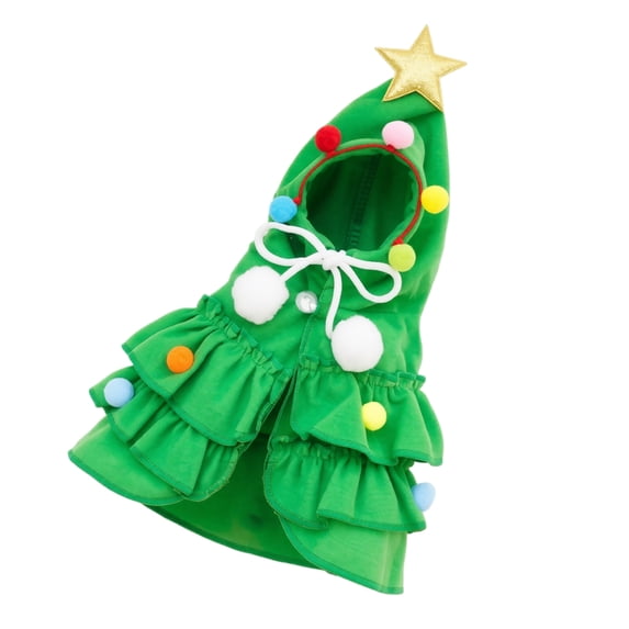 Christmas Pet Sweater - 1Pc Hooded Tree Outfit with Pom Poms Star for Small Dogs Cats Winter Holiday, Green L