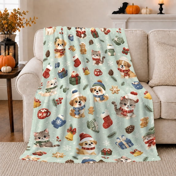 Christmas Pet Winter Pattern, Soft Watercolor Style for Pet Lovers, Mint Cheerful Snowflake Scene and Christmas Gift, Cozy Flannel Blanket for Cabin and Living Room, Home Decor
