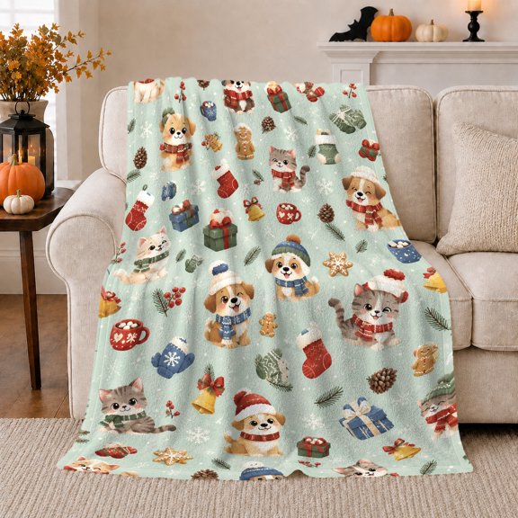 Christmas Pet Winter Pattern, Soft Watercolor Style for Pet Lovers, Mint Cheerful Snowflake Scene and Christmas Gift, Cozy Flannel Blanket for Cabin and Living Room, Home Decor