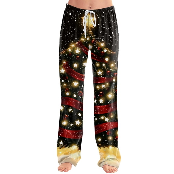 Christmas Petite Pajamas for Women Holiday Christmas Snowflake Graphic Pajama Pants Fall Wide Leg Casual Sleep Loungewear Pants Soft Comfy Pj Bottoms Black S