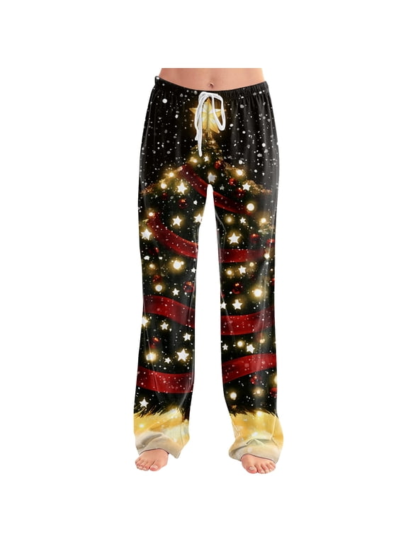 Christmas Petite Pajamas for Women Holiday Christmas Snowflake Graphic Pajama Pants Fall Wide Leg Casual Sleep Loungewear Pants Soft Comfy Pj Bottoms Black S
