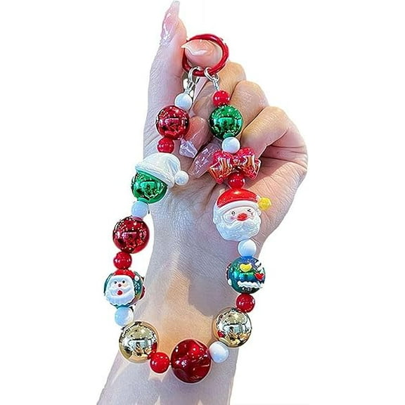 Christmas Phone Charm Beaded Keychain with Santa Bear Reindeer Design Festive Hanging Rope for Mobile Phone Wallet Camera Wristlet Gift Pendant（Green）
