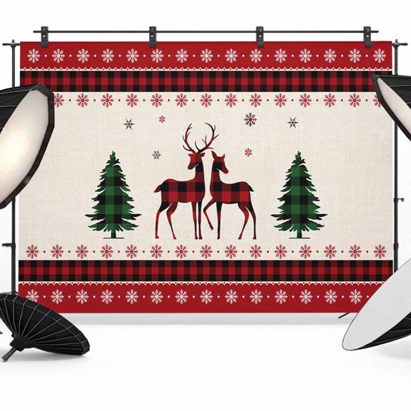 Christmas Photo Backdrop 10x8 ft Checkered Deer Christmas Tree Photography Backdrops Curtains Wall Covering Snowflake Elk Reindeer Photo Booth Drapes for Backdrop Photoshoot Party Background