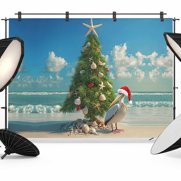 Christmas Photo Backdrop 10x8 ft Christmas Tree Photography Backdrops Curtains Wall Covering Pelican Starfish Shell Beach Wave Photo Booth Drapes for Backdrop Photoshoot Party Birthday Background