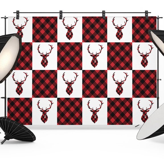 Christmas Photo Backdrop 10x8 ft Elk Deer Reindeer Photography Backdrops Curtains Wall Covering Red Buffalo Plaid Checkered Photo Booth Drapes for Backdrop Photoshoot Party Birthday Background