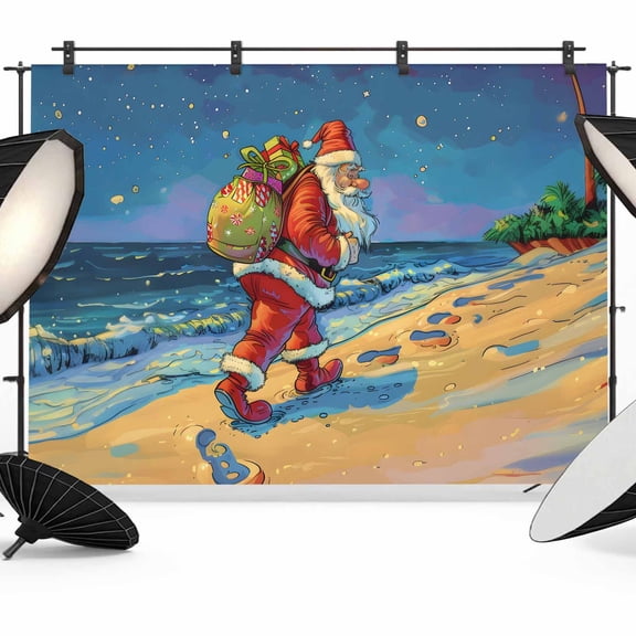 Christmas Photo Backdrop 10x8 ft Watercolor Beach Tree Photography Backdrops Curtains Wall Covering Santa Claus Gifts Sky Photo Booth Drapes for Backdrop Photoshoot Party Birthday Background Screen