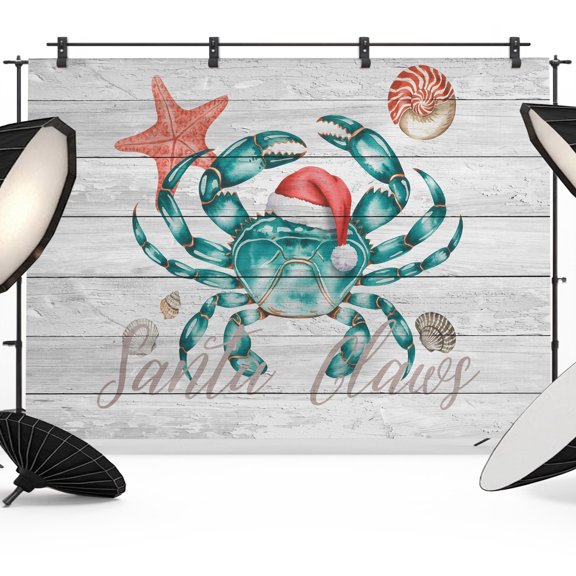 Christmas Photo Backdrop 5x7 ft Christmas Hat Crab Photography Backdrops Curtains Wall Covering Starfish Conch Wood Grain Photo Booth Drapes for Backdrop Photoshoot Party Birthday Background Screen