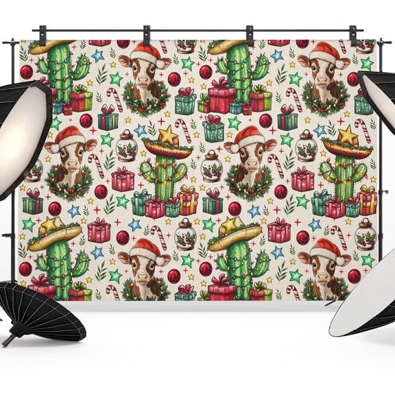 Christmas Photo Backdrop 5x7 ft Christmas Photography Backdrops Curtains Wall Covering Western Tropical Plant Cactus Cowboy Hat Photo Booth Drapes for Backdrop Photoshoot Party Birthday Background