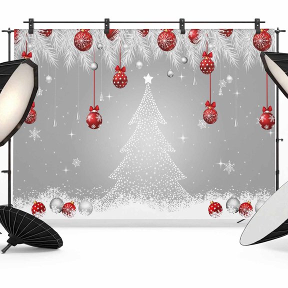 Christmas Photo Backdrop 5x7 ft Christmas Tree Photography Backdrops Curtains Wall Covering Pine Tree Branch Grey Xmas Balls Photo Booth Drapes for Backdrop Photoshoot Party Birthday Background