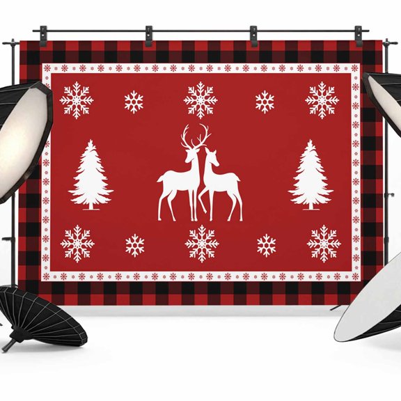 Christmas Photo Backdrop 5x7 ft Elk Deer Snowflake Photography Backdrops Curtains Wall Covering Reindeer Buffalo Plaid Checkered Photo Booth Drapes for Backdrop Photoshoot Party Birthday Background