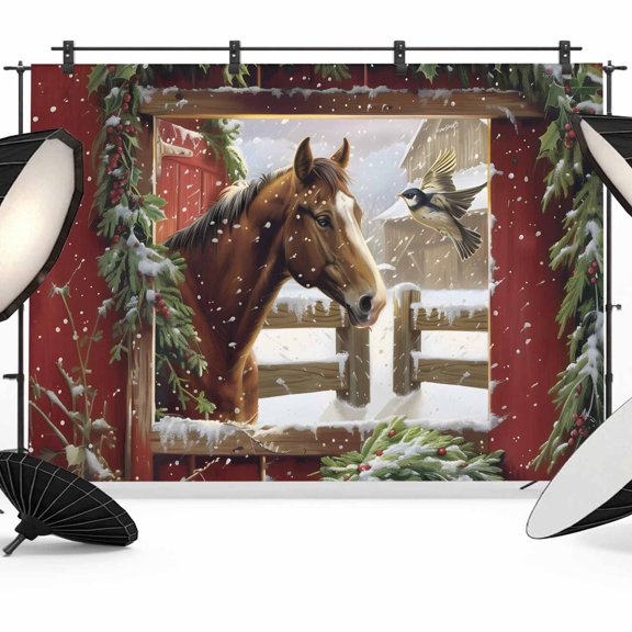 Christmas Photo Backdrop 5x7 ft Farmhouse Barn Horset Photography Backdrops Curtains Wall Covering Pine Tree Branch Bird Snow Photo Booth Drapes for Backdrop Photoshoot Party Birthday Background