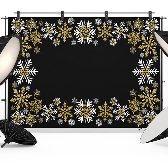 Christmas Photo Backdrop 5x7 ft Golden Snowflake Photography Backdrops Curtains Wall Covering Winter Snow Black Photo Booth Drapes for Backdrop Photoshoot Wedding Party Birthday Background Screen