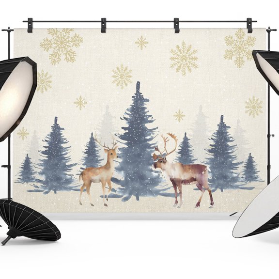 Christmas Photo Backdrop 5x7 ft Reindeer Deer Elk Photography Backdrops Curtains Wall Covering Pine Tree Golden Snowflake Photo Booth Drapes for Backdrop Photoshoot Party Birthday Background Screen