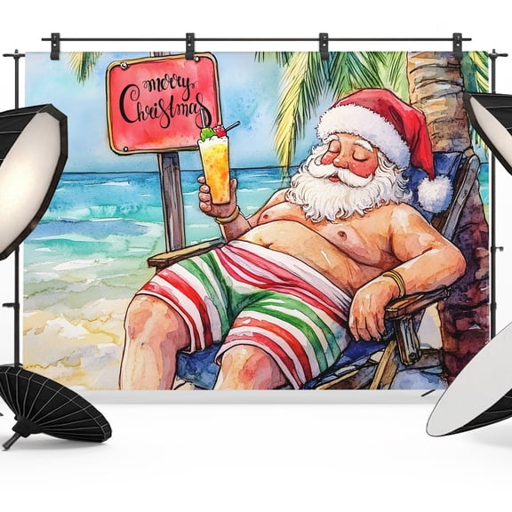 Christmas Photo Backdrop 5x7 ft Santa Claus Merry Christmas Photography Backdrops Curtains Wall Covering Palm Tree Beach Ocean Photo Booth Drapes for Backdrop Photoshoot Party Birthday Background