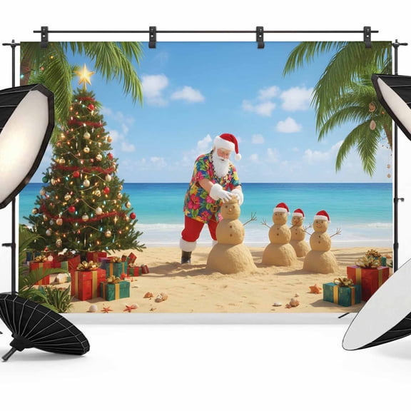 Christmas Photo Backdrop 5x7 ft Santa Claus Photography Backdrops Curtains Wall Covering Sandy Beach Snowman Photo Booth Drapes for Backdrop Photoshoot Wedding Party Birthday Background Screen