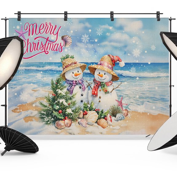 Christmas Photo Backdrop 5x7 ft Snowman Sitting on Sandy Beach Photography Backdrops Curtains Wall Covering Shell Starfish Photo Booth Drapes for Backdrop Photoshoot Party Birthday Background Screen