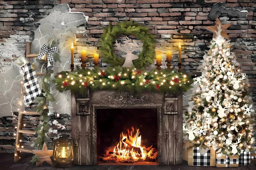 Christmas Photo Backdrop Interior Room Xmas Tree Fireplace Gift Wood ...