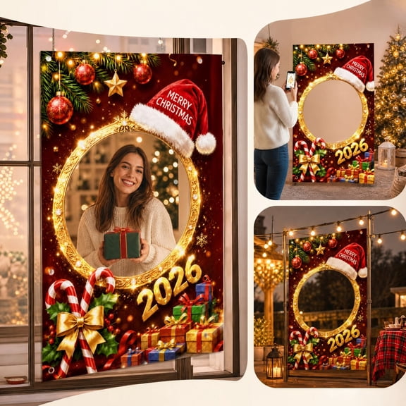 Christmas Photo Backdrop, Round Cutout Holiday Photography Background for Portraits, Parties, Events, Studio and Family Pictures