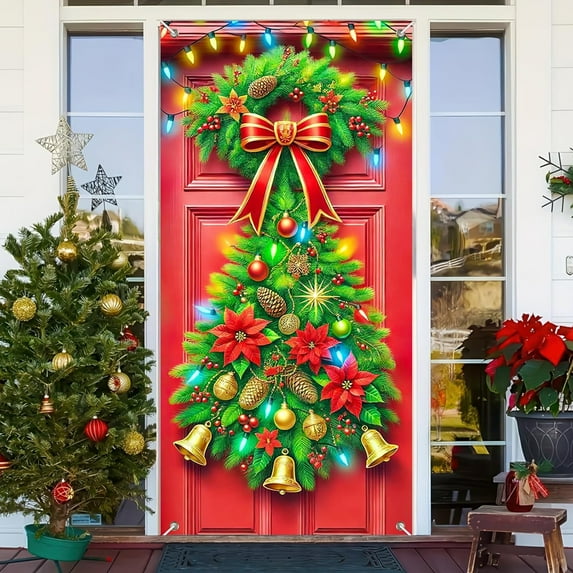 Christmas Photo Background Party Decoration Door Curtain Banner Hanging Cloth Flag Festive Home Decor for Holidays Winter Theme Polyester Material Easy Hang 90x180cm Size