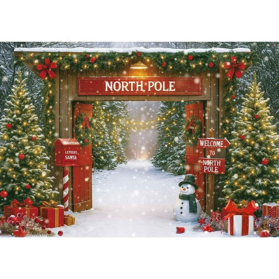 Christmas Photography Backdrop 10x8ft – Rustic Snowy Forest Barn Door with Xmas Tree, Winter Scene Fabric Photo Background for Family Parties and Baby Holiday Photos at the North Pole