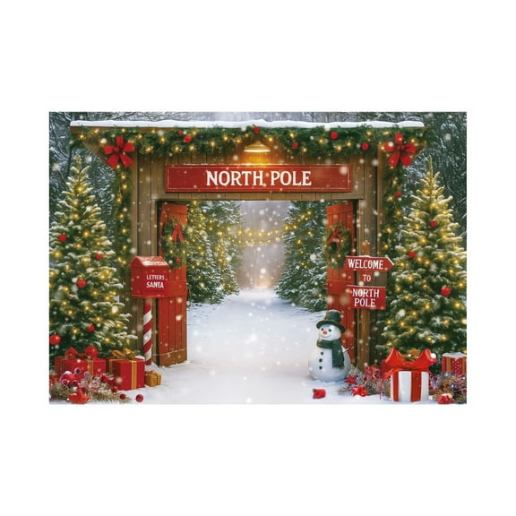 Christmas Photography Backdrop Christmas Background Christmas DecorationsSnowy Barn Door With Xmas Tree North Pole Winter Scene