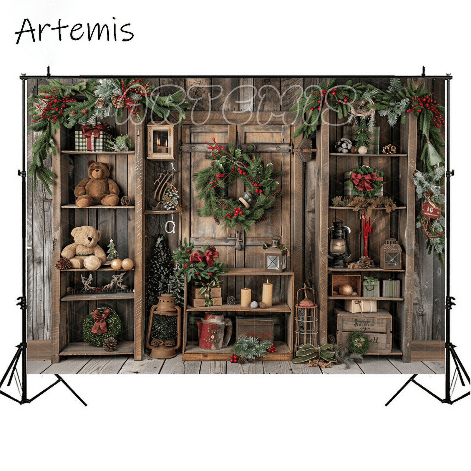 Christmas Photography Backdrop Rustic Wooden Wall Vintage Lantern Toy