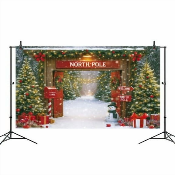 Christmas Photography Backdrop with Xmas Tree for Wall Banner, North Pole Rustic Snowy Forest Barn Door Winter Scene Fabric Photo Background for Family Party, Baby Holiday Photos 56x98 in