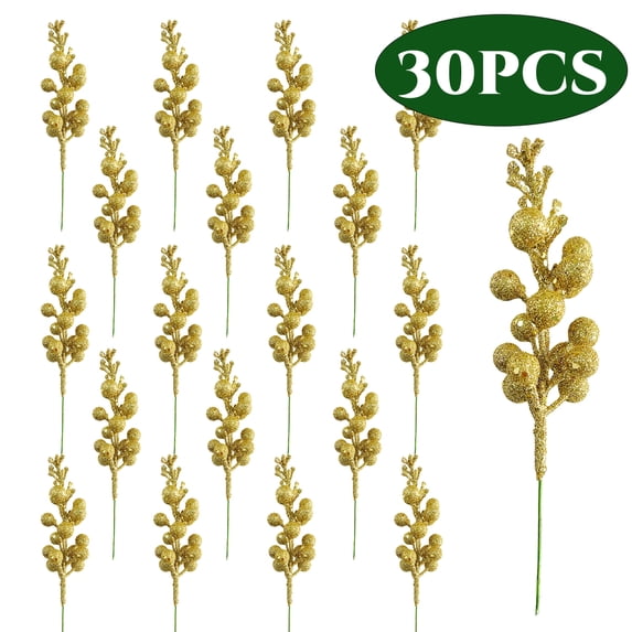 Christmas Picks Artificial Glitter Berries Stems for Tree Ornaments 7.8" , Christmas Tree Picks for DIY Xmas Wreath Crafts Home Decor 30Pcs Gold
