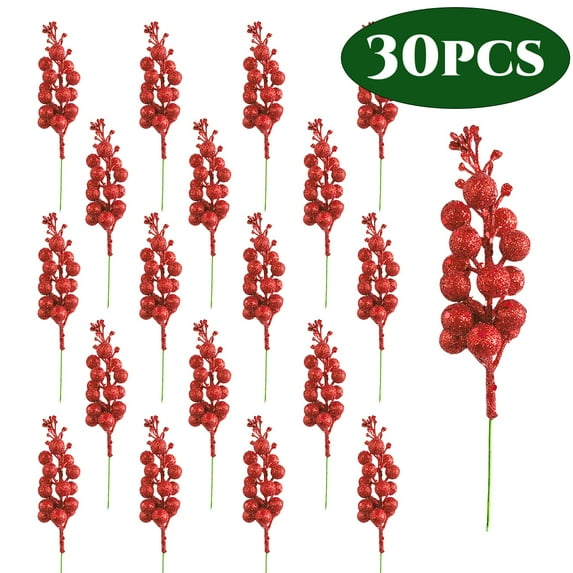 Christmas Picks Artificial Glitter Berries Stems for Tree Ornaments 7.8" , Christmas Tree Picks for DIY Xmas Wreath Crafts Home Decor 30Pcs Red