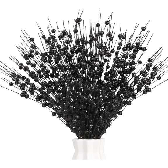 Christmas Picks and Sprays Artificial Glitter Berry Stems,17 inch Christmas Tree Decorations, Ornaments for Garland, Wreath, Flowers and Tree Topper,Black,10 pack