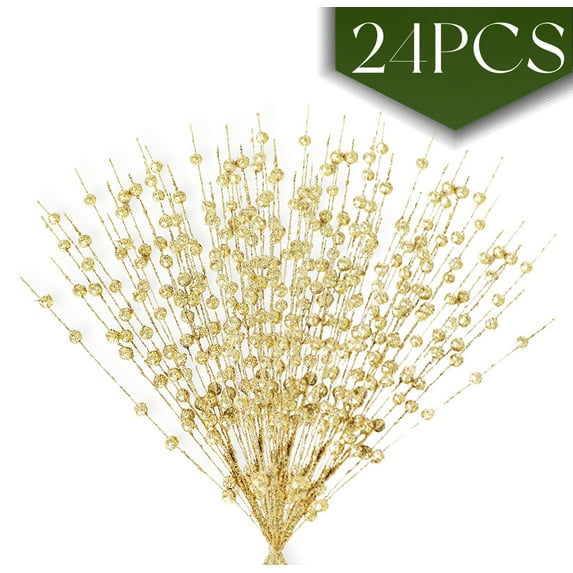 Christmas Picks Tree Picks Glitter Artificial Berries Stems for Christmas Tree Ornaments, 15" Floral Picks DIY Xmas Wreath, Crafts,Home Decor Gold 24 Pcs
