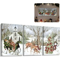 Christmas Pictures Wall Decor, 3 Piece Sleigh Deer Snowman Poster Prints for Holiday Wall Decor, Merry Christmas Canvas Wall Art for Kitchen Bathroom Living Room