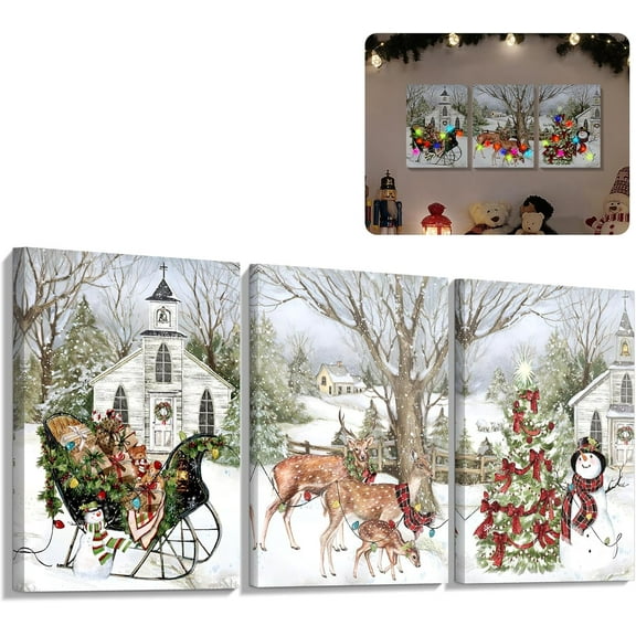 Christmas Pictures Wall Decor, 3 Piece Sleigh Deer Snowman Poster Prints for Holiday Wall Decor, Merry Christmas Canvas Wall Art for Kitchen Bathroom Living Room