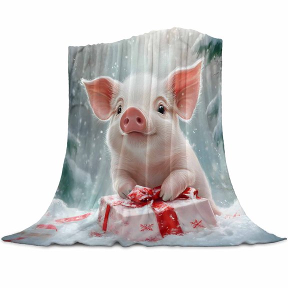 Christmas Pig Flannel Blanket for Bed,Travel and Camping, Pine Trees Snowflakes Gift Xmas Winter Super Soft Cozy Blanket for All Seasons 30"x40"