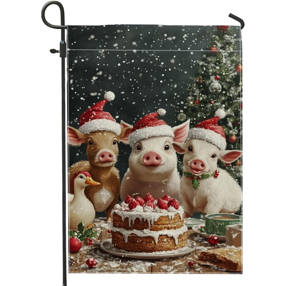 Christmas Pig Garden Flag Double Sided Burlap Winter Farm Animal Yard Decoration 12x18 Inch Red Santa Hat Festive Lawn Decor