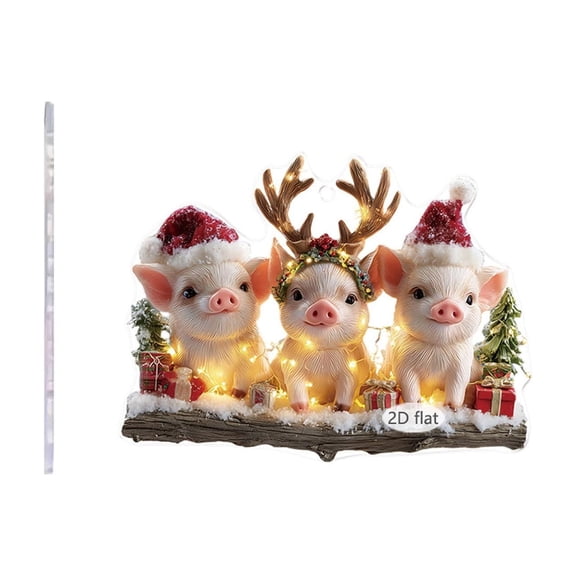 Christmas Pig Hanging Ornament, 2D Acrylic Cute Pigs Christmas Tree Decorations for Xmas Tree Car Fireplace Window Home Decor