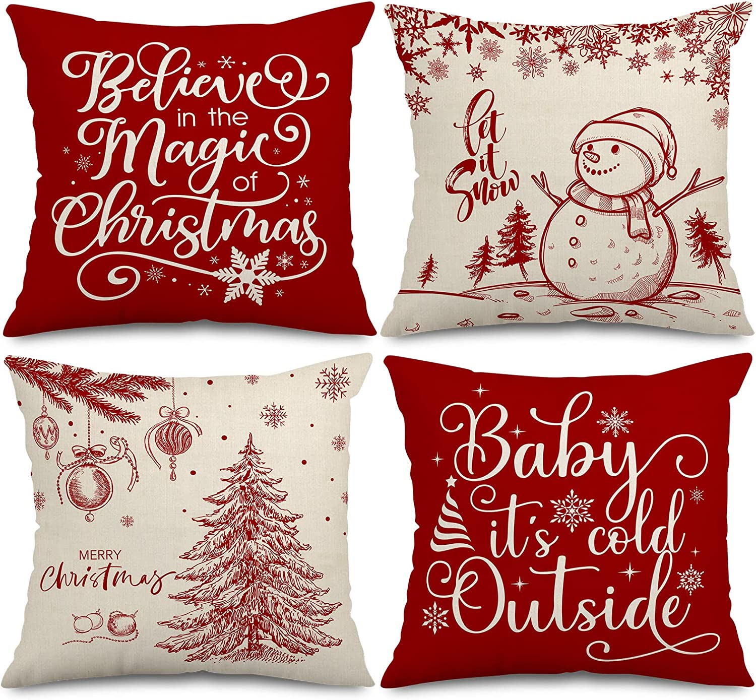 Christmas Pillow Cases Red White Throw Cushion Cover Linen Snowman