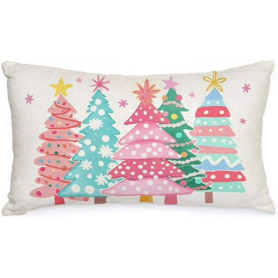 Christmas Pillow Cover 12X20 Inch Watercolor Christmas Tree Stars Decoration Holiday Farmhouse Winter Pillow Case for Sofa Couch Decor(Pink) AA615-12