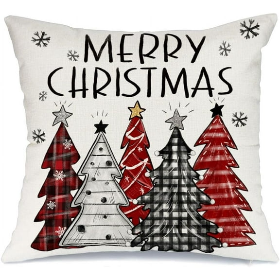Christmas Pillow Cover 16X16 Inch Colorful Christmas Trees Snowflake Decoration Holiday Farmhouse Winter Pillow Case for Sofa Couch Decor (Red) AA210-16