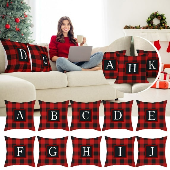 Christmas Pillow Cover, 18"x18" Initial Last Name Red Buffalo Plaid Christmas Lumbar Throw Pillows Decorative Pillowcases for Indoor Outdoor Xmas Home Decor for Sofa Bed Car Chair