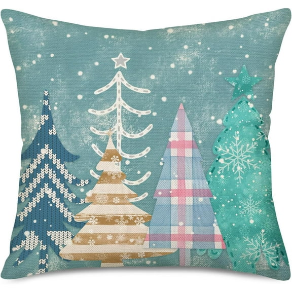 Christmas Pillow Cover 18x18 Inch Blue White Christmas Tree Stars Decoration Holiday Farmhouse Winter Pillow Case Snowflake Decor Cushion Cover for Home Sofa Couch
