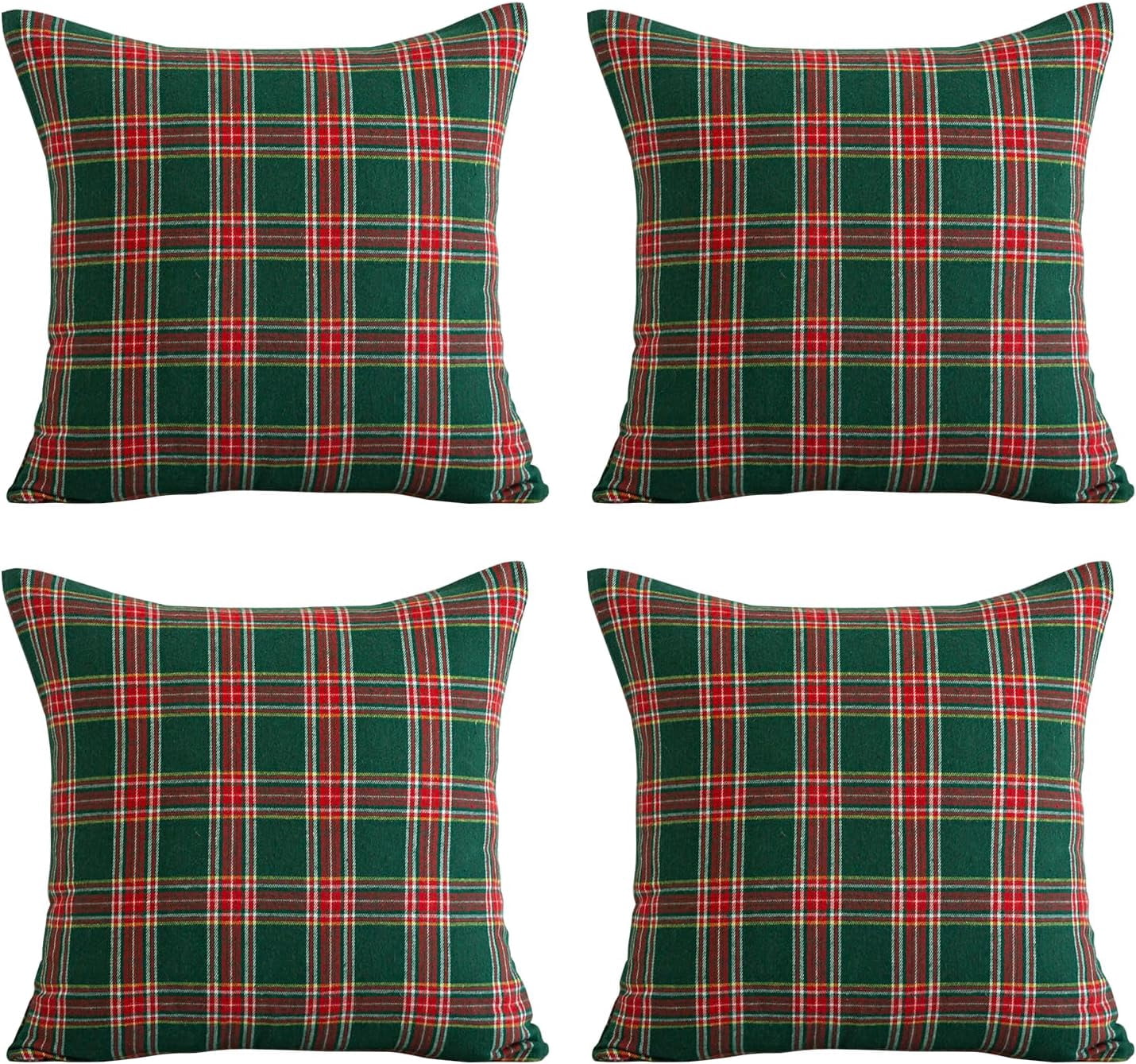 Christmas Pillow Cover 18x18 Set of 4 - Green Tartan Checkered Throw Pillow Cover, Farmhouse Buffalo Plaid Xmas Decorative Cushion Case for Couch Sofa, Christmas Holiday Decor