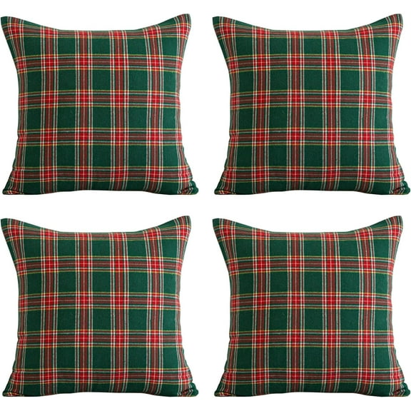 Christmas Pillow Cover 18x18 Set of 4 - Green Tartan Checkered Throw Pillow Cover, Farmhouse Buffalo Plaid Xmas Decorative Cushion Case for Couch Sofa, Christmas Holiday Decor