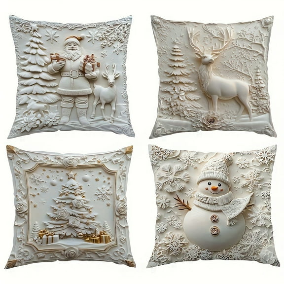 Christmas Pillow Cover, 18x18 inch, 4 Counts/Set Christmas Themed Cushion Cover, Soft Comfortable Single Side Printing Decorative Cushion, Cushion for Home Living Room