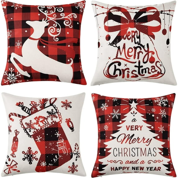 Christmas Pillow Cover 20 x 20 Inch Buffalo Plaid Christmas Tree Deer Sock Bell Throw Pillow Covers Christmas Decorations Winter Holiday Cushion Case for Sofa Couch Set of 4