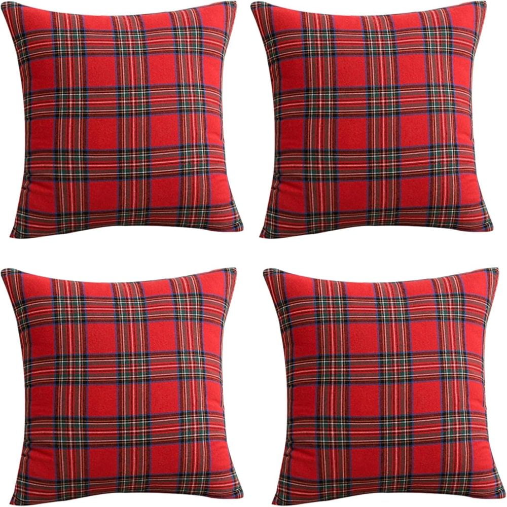 Christmas Pillow Cover 20x20 Set of 4 - Red Tartan Checkered Throw Pillow Cover, Farmhouse Buffalo Plaid Xmas Decorative Cushion Case for Couch Sofa, Christmas Holiday Decor