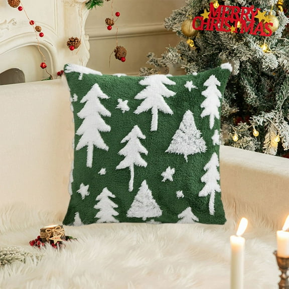 Christmas Pillow Cover, Christmas Tree Cushion Cover, Snowflake Velvet Holiday Decoration Cushion Cover, Red Green Plush Fabric 45x45cm